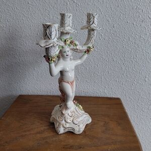 Cherub Porcelain Candelabra with Floral Accents